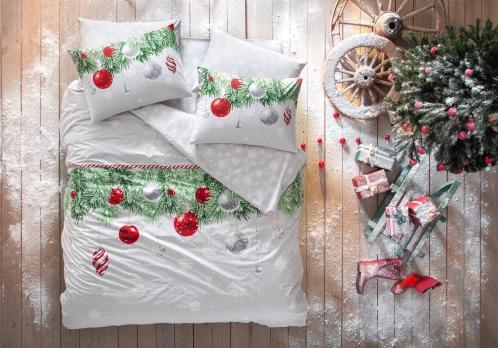 Двоспальний Євро комплект TAC Snowflake Yesil Glow Ранфорс+світиться у темряві