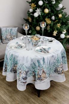 Новорічна кругла гобеленова скатертина Казкові гноми
